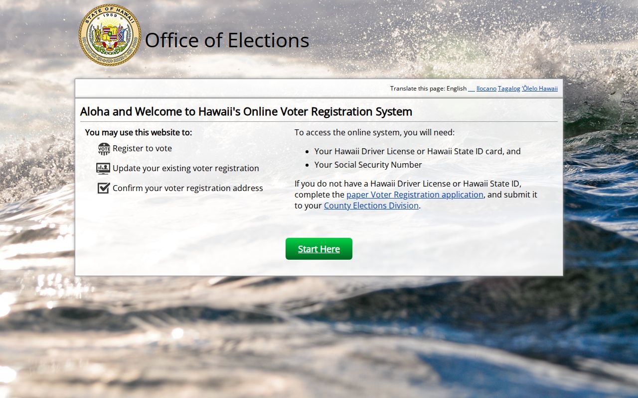 Hawaiʻi residents directory reference to the voter self-check and address-confirmation form