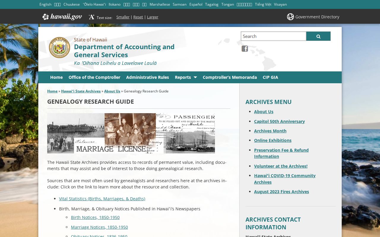 Hawaiʻi previous residents research guide from the State Archives genealogy collection