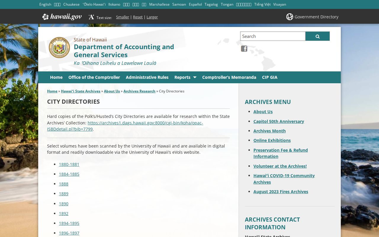 Hawaiʻi city directory collection listing for Polk and Husted volumes at State Archives